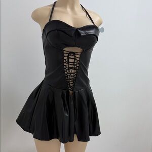 Elegant Black Faux Leather Halter Dress